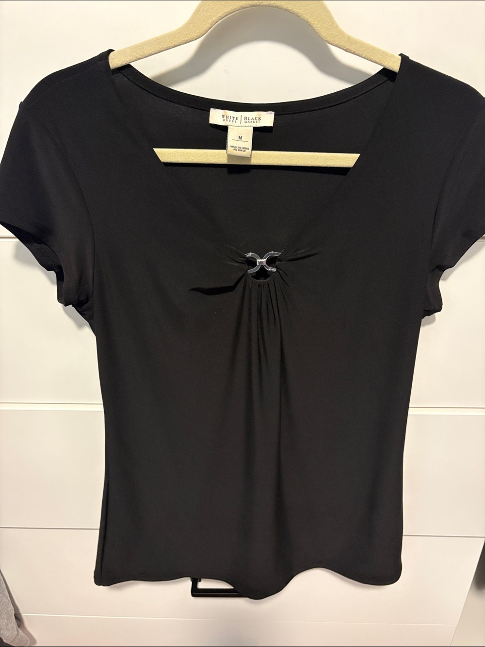 White House Black Market Black Short-Sleeve Top with Silver Ring Detail